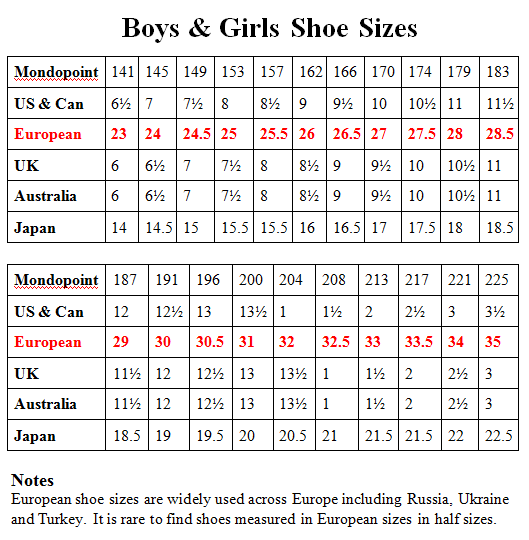 Ladies Shoes Chart Size